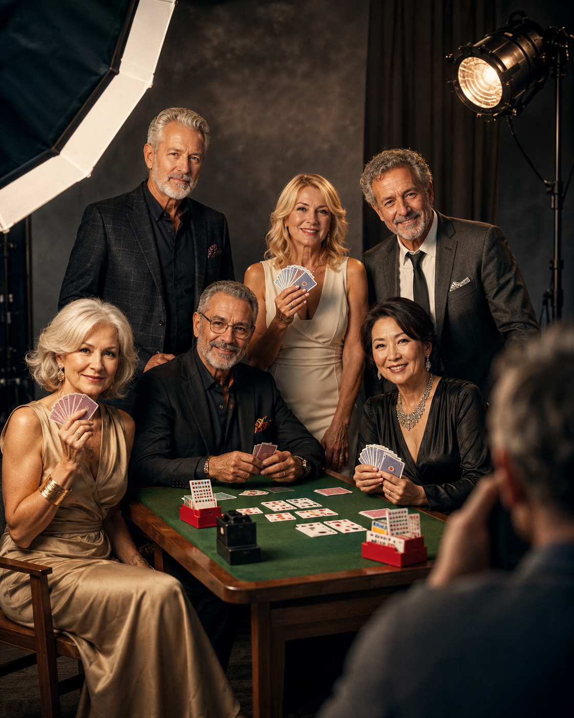 Inszeniertes Fotoshooting mit Bridge-Spielerinnen und Bridge-Spielern an einem Kartentisch